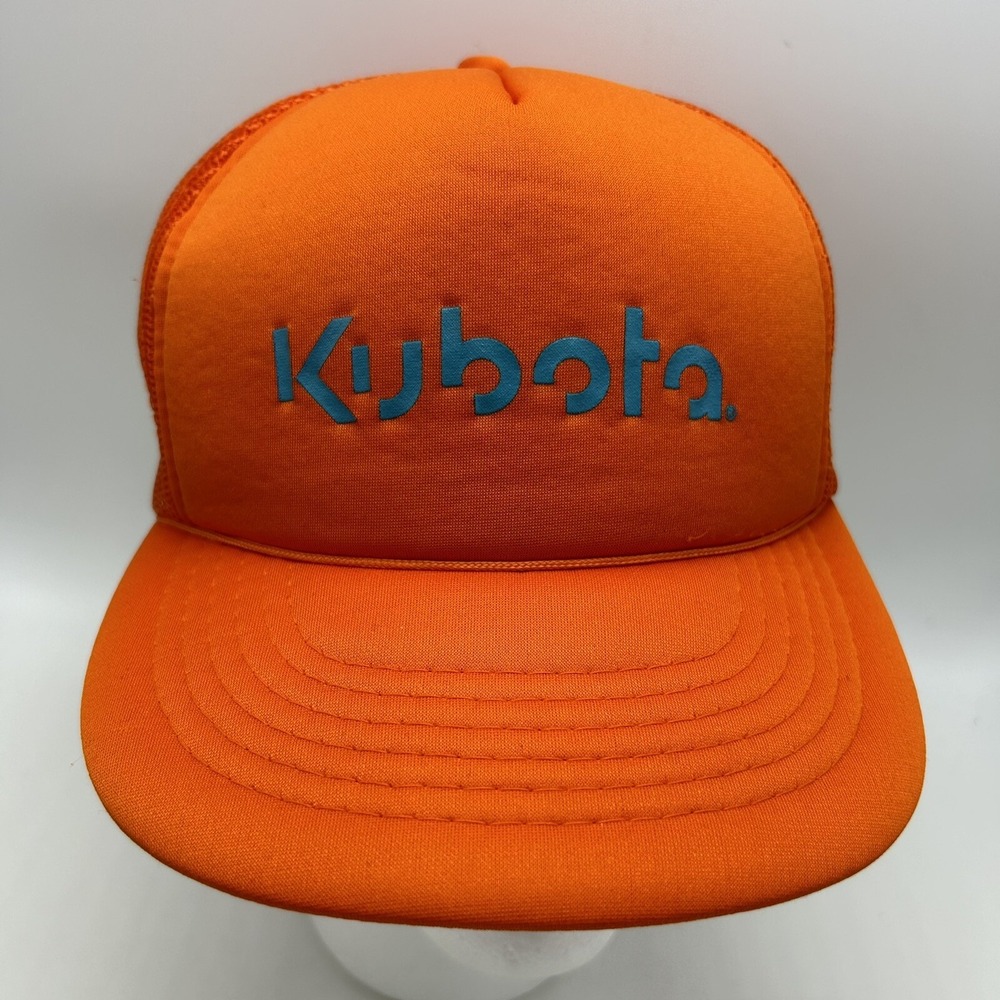 Vintage Kubota Hat Cap Snap Back Foam Mesh Trucker Orange Flat Bill Solid Read